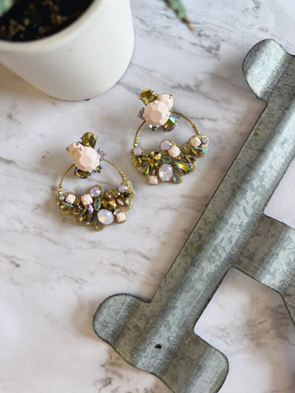 J. Crew Pink & Aurora Borealis Crystal Cluster Leather Back Hoop Earrings